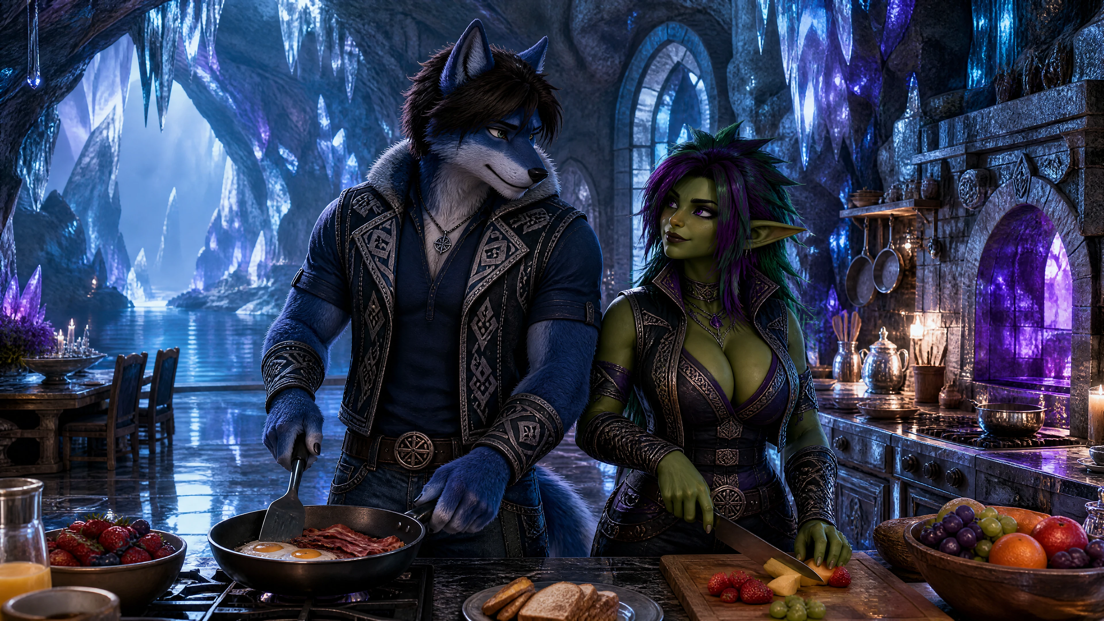 Pareja de fantasía cocinando el desayuno en una cocina de caverna de cristal
