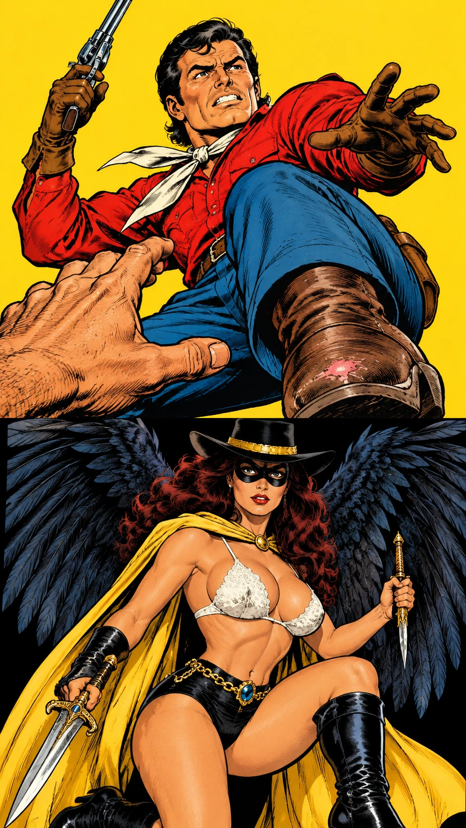 Cowboy in dramatic struggle on bold yellow comic cover