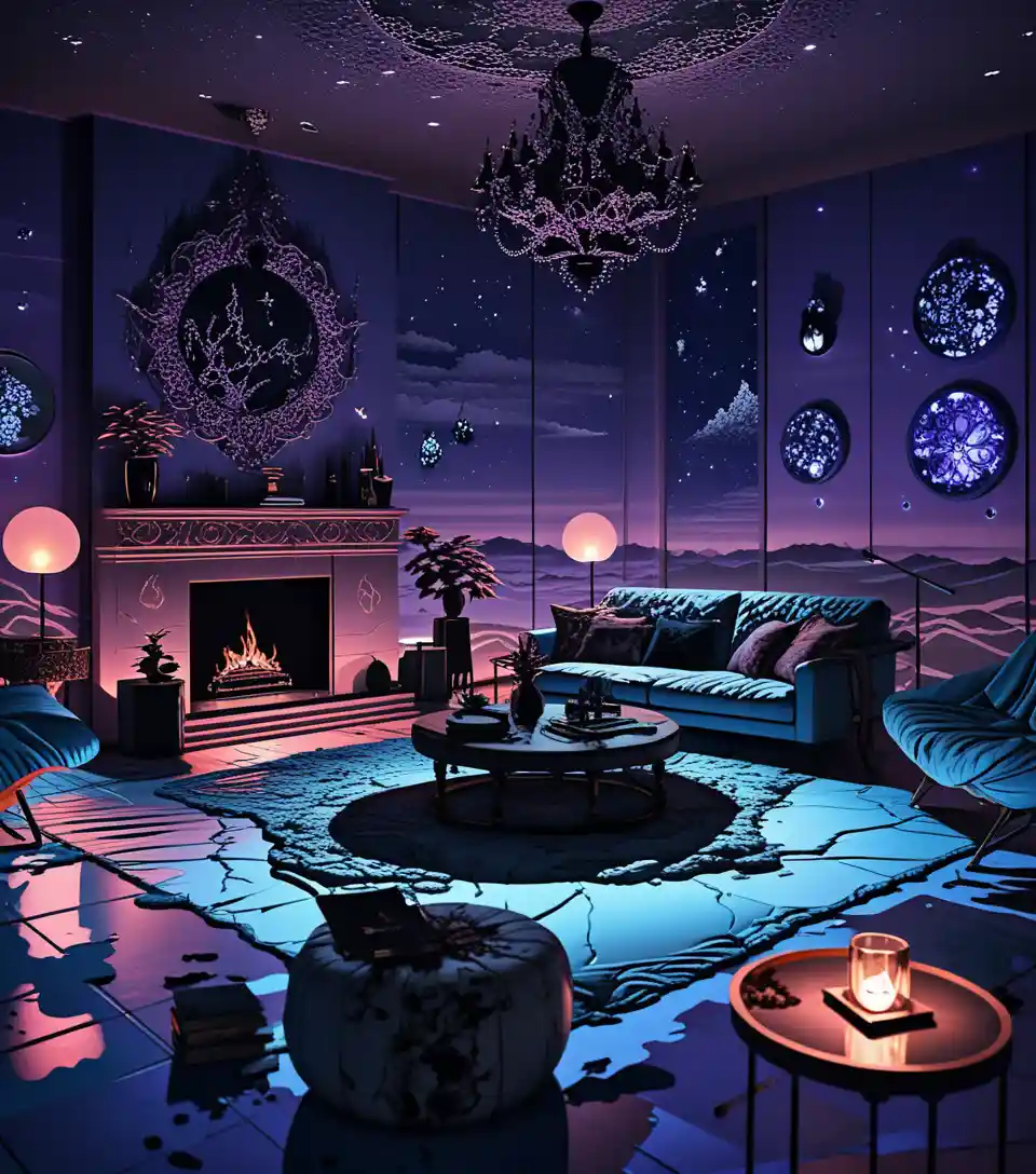 Moody 3D interior room with eclectic witchy home decor