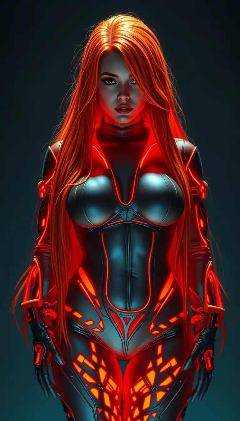 Mujer futurista de cabello neón en body naranja brillante