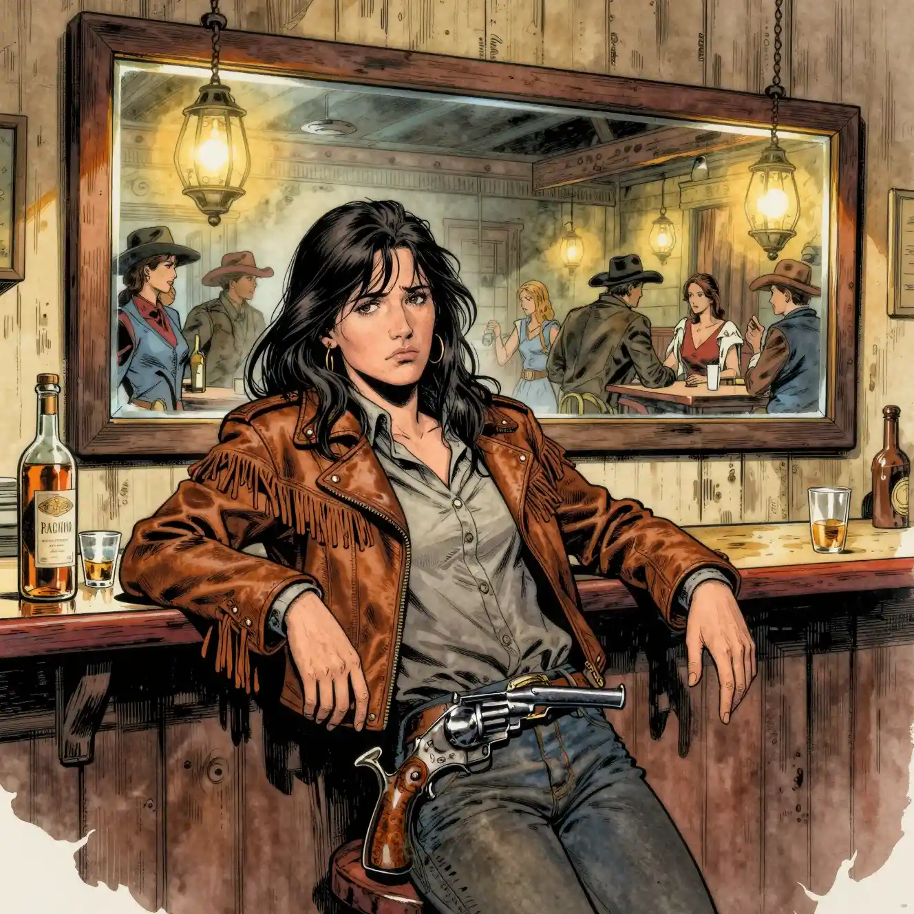 Calamity Jane Apoyada en la Barra de un Bullicioso Saloon del Viejo Oeste