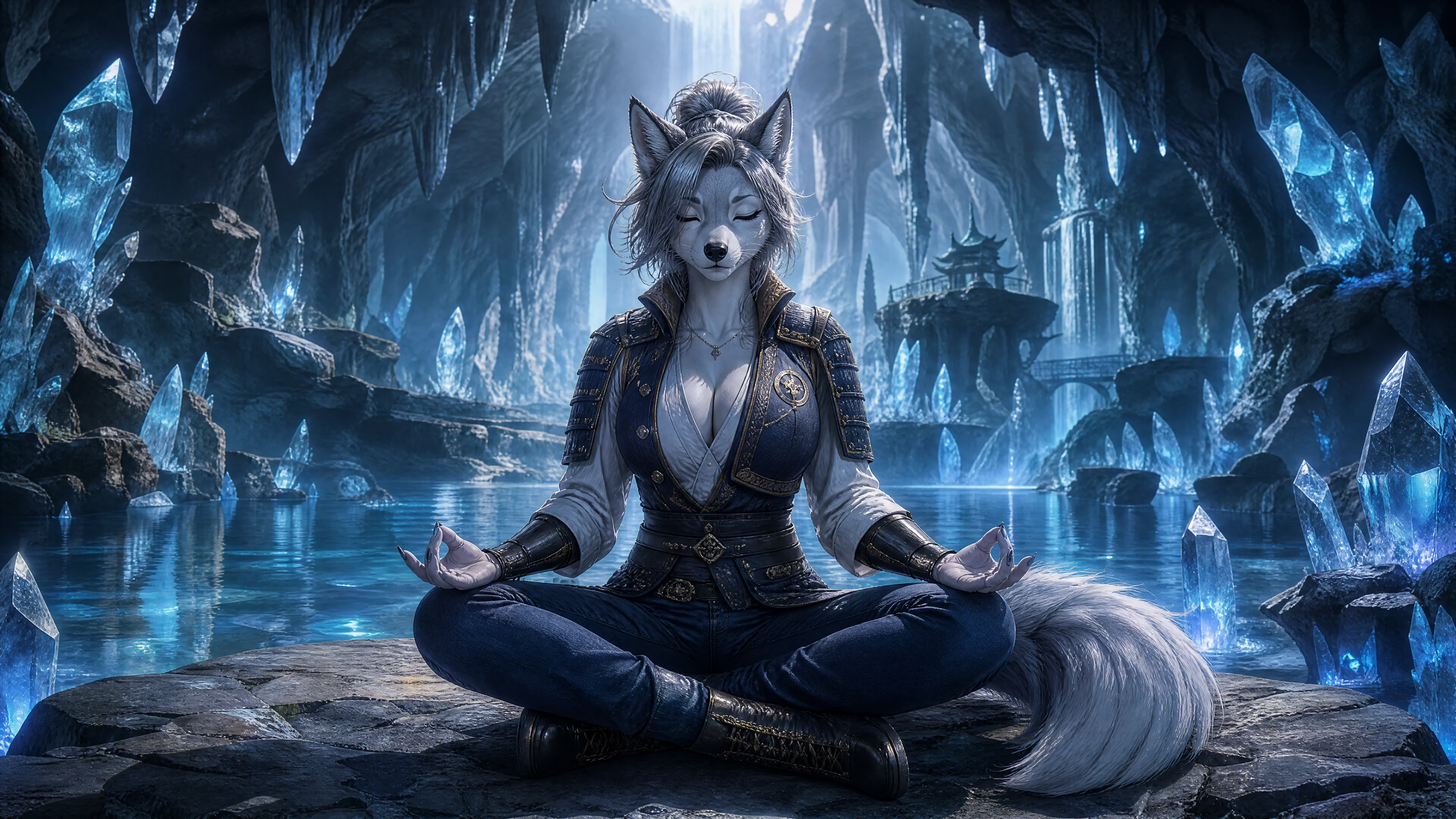 Samurái lobo antrópico meditando en una cueva de cristales resplandecientes