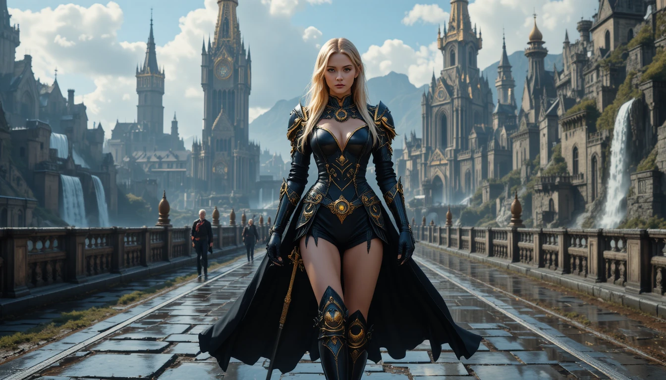 Blonde armored warrior woman walking through fantasy city
