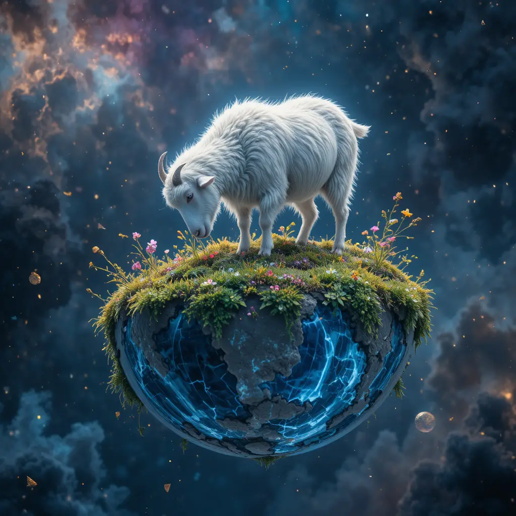 White goat on a glowing floating planet in deep space