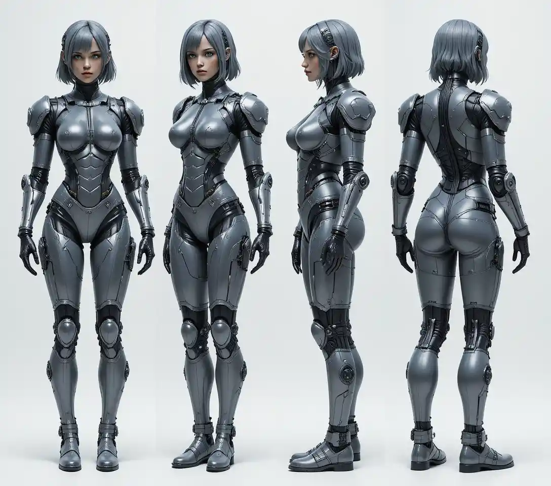 Donna sci-fi corazzata in tuta metallica vista a figura intera