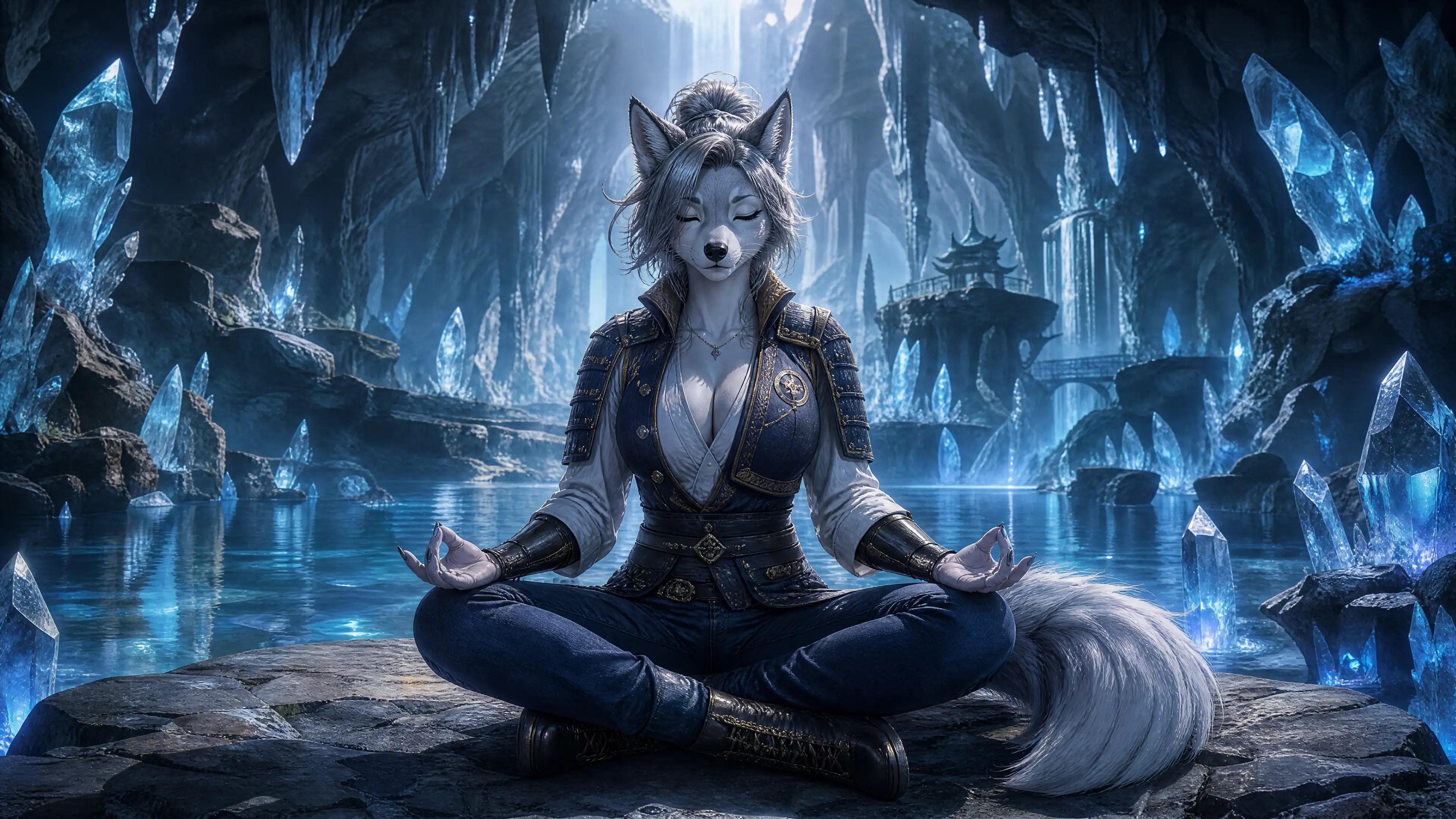 Samurái lobo antrópico meditando en una cueva de cristales resplandecientes