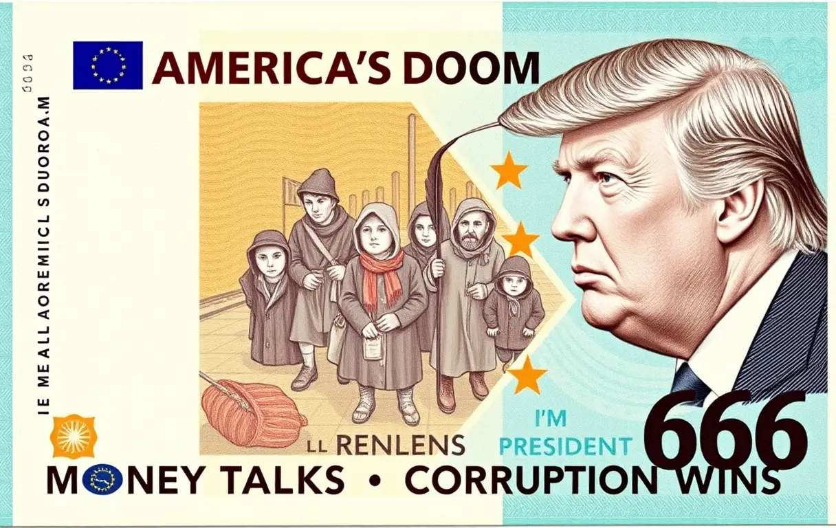 Billete surrealista estilo euro con valor 666 y mensaje político