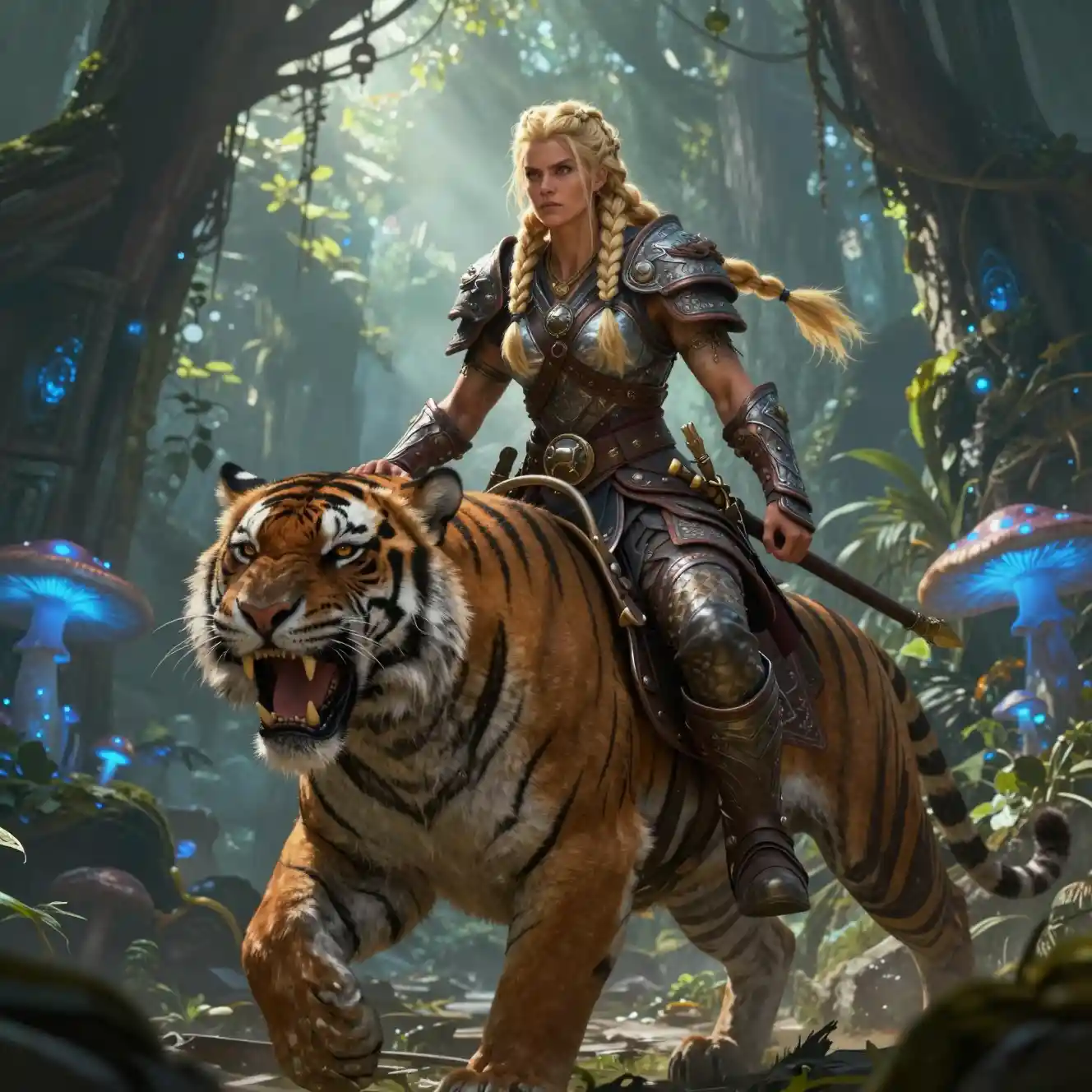 Blonde barbarian warrior riding armored tiger in jungle ruins