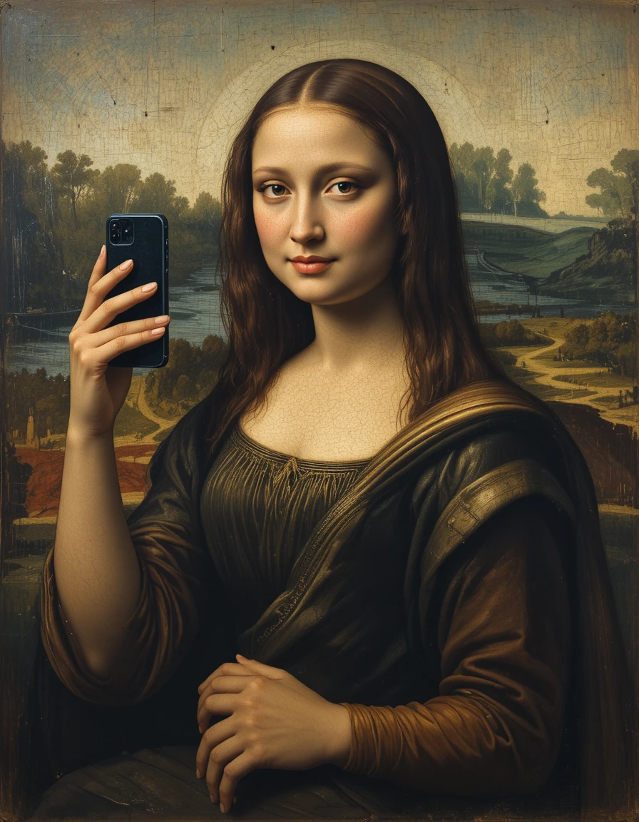 Mona Lisa inspired portrait taking a smartphone selfie