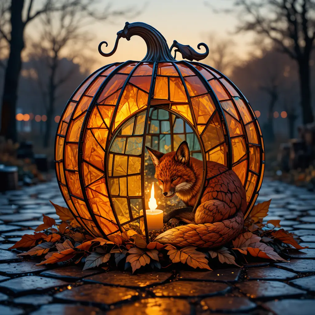Farol de Calabaza de Vidrieras Brillante con Zorro Rojo Descansando