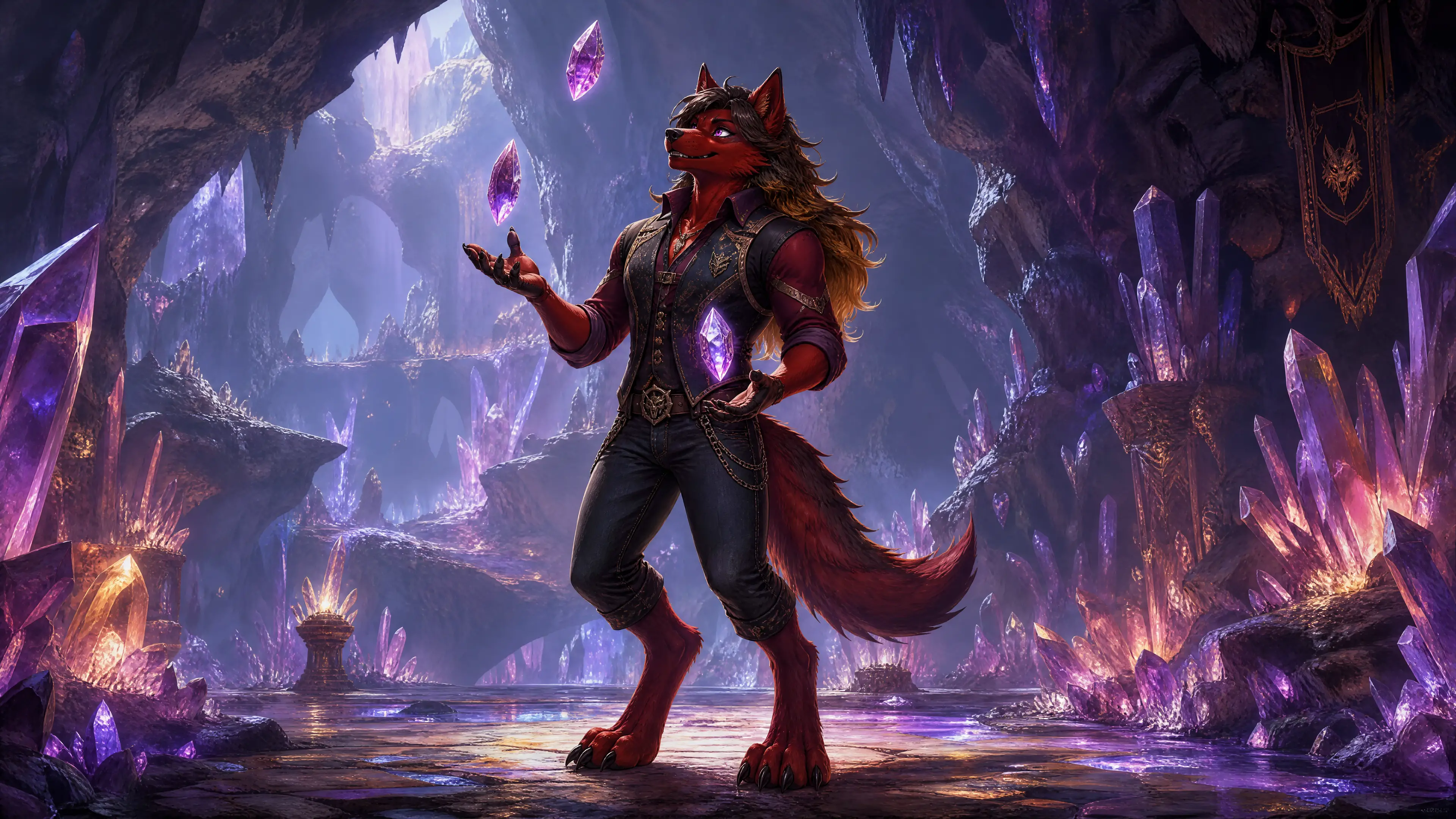 Perro infernal antropomórfico haciendo malabares con cristales en una caverna luminosa