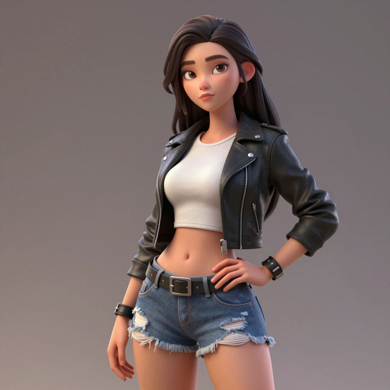 Mujer 3D estilizada con chaqueta de cuero y shorts vaqueros
