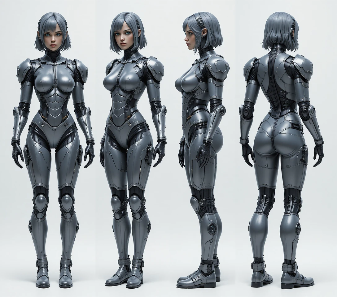 Donna sci-fi corazzata in tuta metallica vista a figura intera