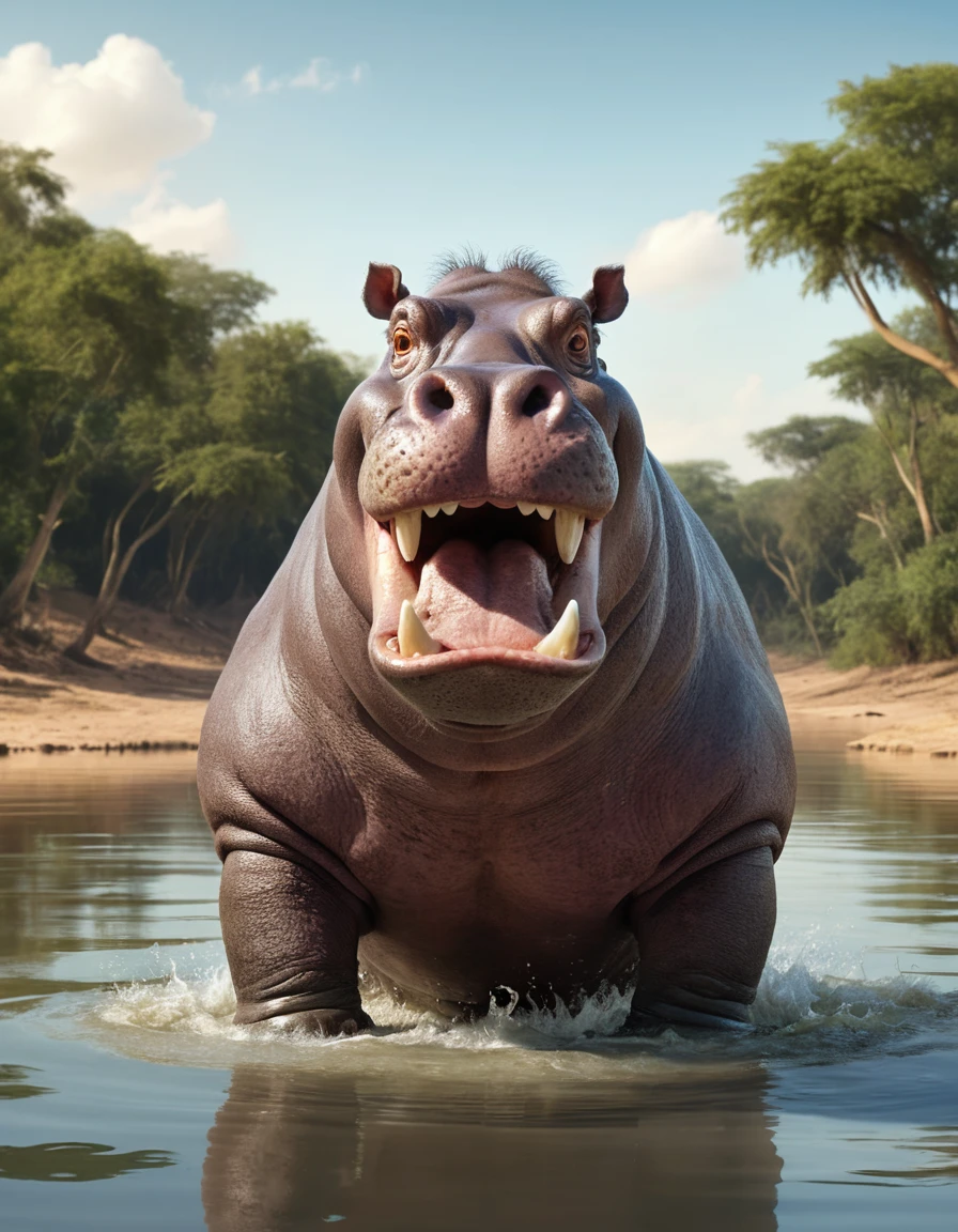 Hippopotamus With Mouth Wide Open In Calm African River