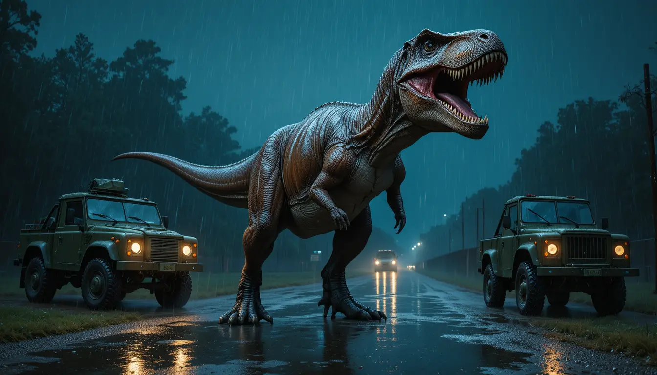 T-Rex rugiendo frente a camiones militares en una carretera empapada por la lluvia