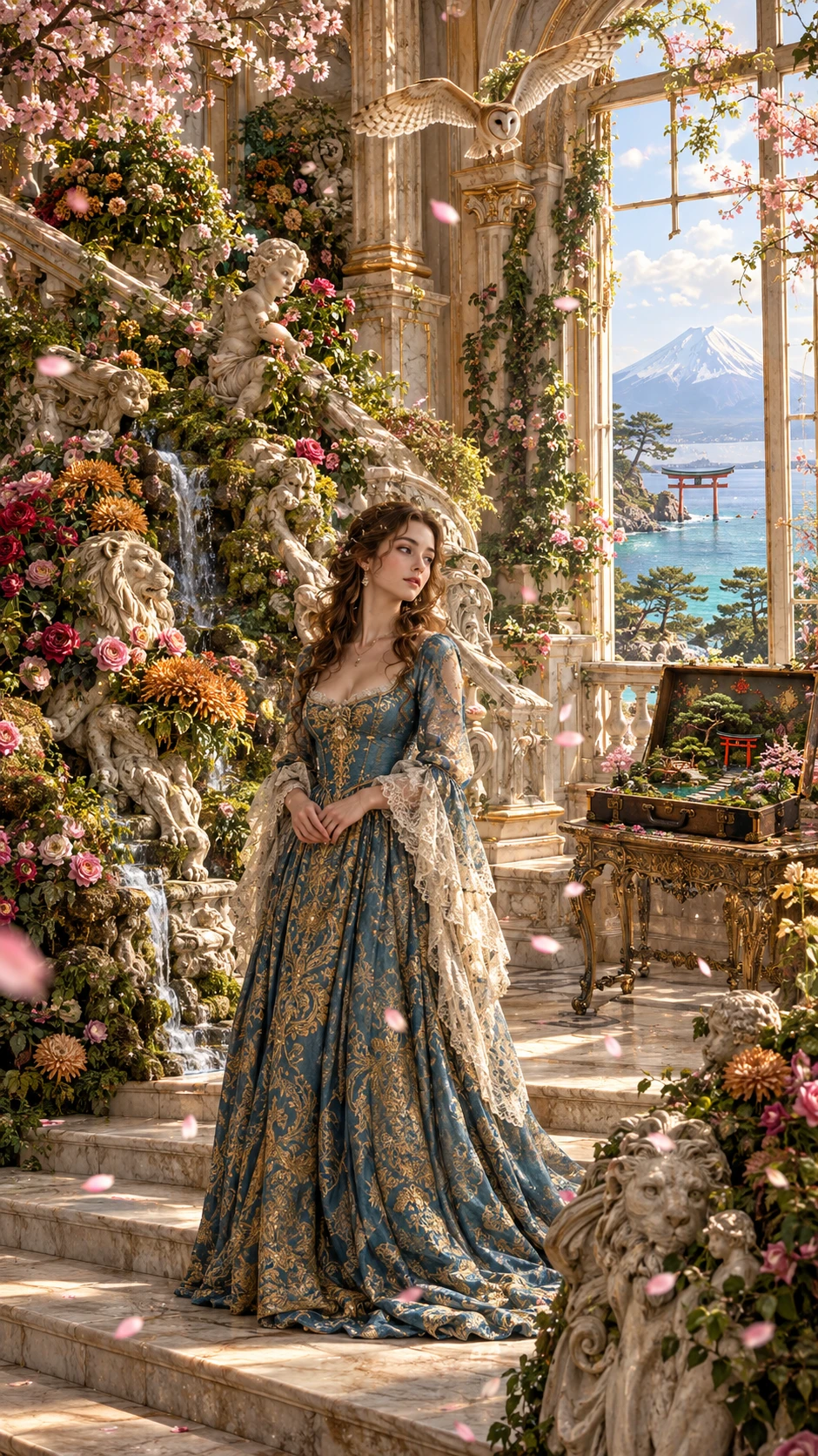 Noblewoman On Marble Palace Staircase Overgrown With Flowers