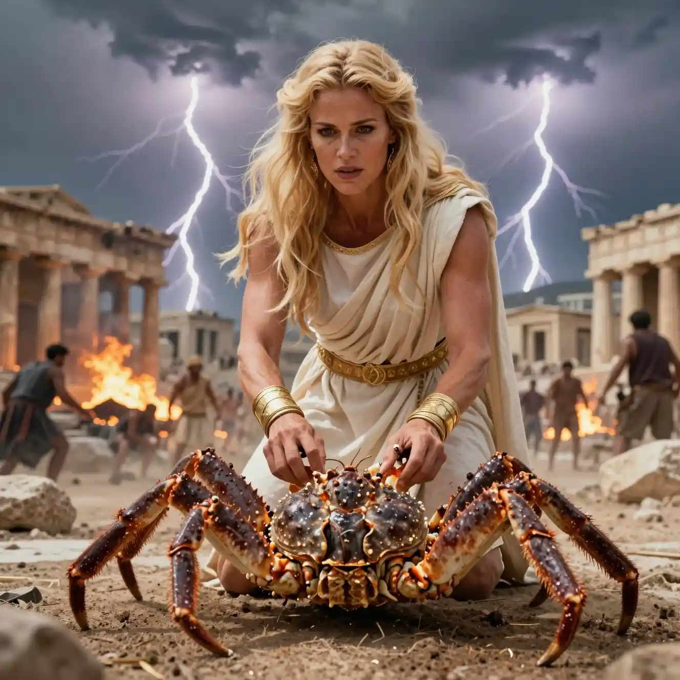 Warrior Woman Pinning Giant Coconut Crab Amid Burning City