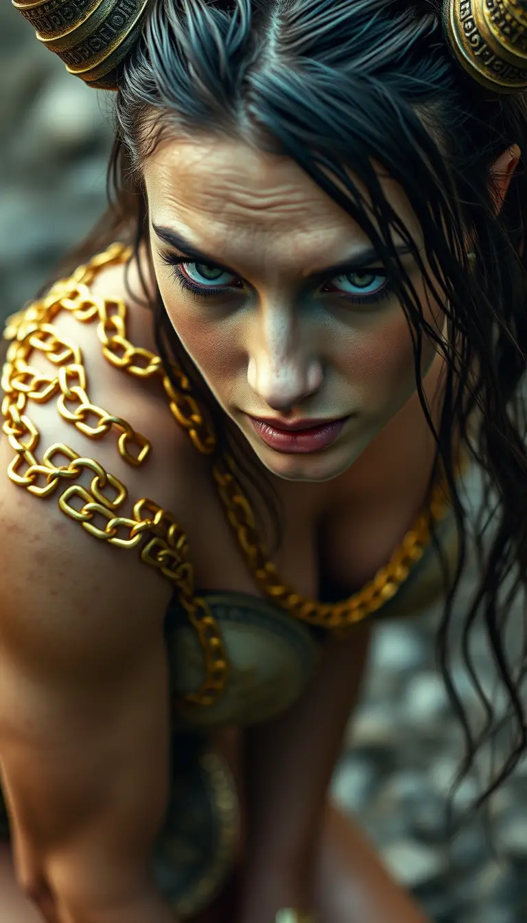 Retrato natural de una mujer demoníaca con mirada suave
