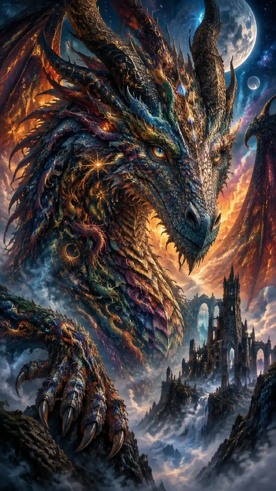 Portrait d’un dragon antique surgissant d’une brume céleste tourbillonnante