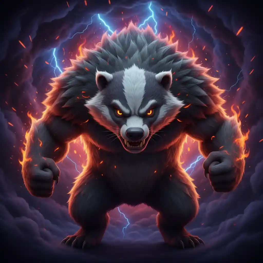 Angry cartoon badger with fiery eyes and stormy cloud