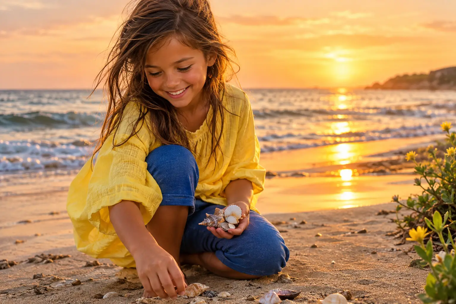 Niña sonriente recogiendo conchas en la playa de arena