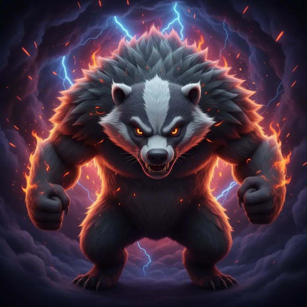Angry cartoon badger with fiery eyes and stormy cloud