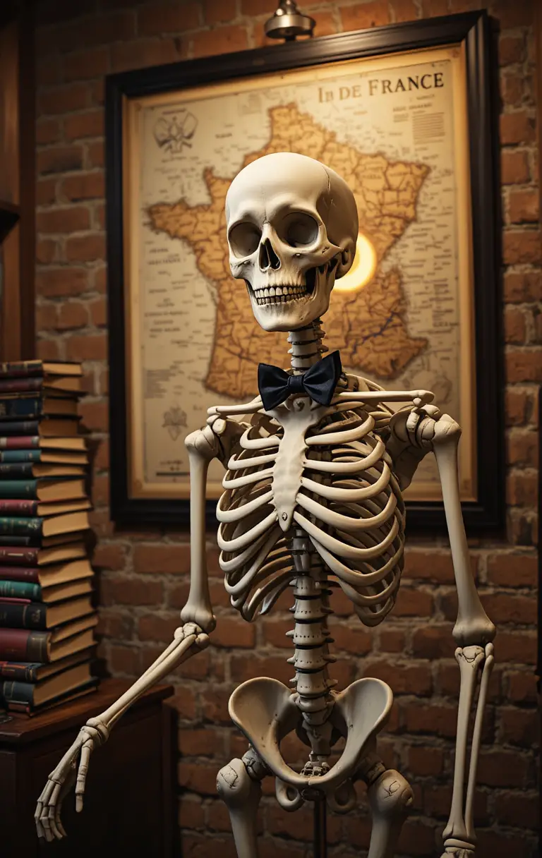Maniquí de esqueleto con pajarita en un acogedor estudio lleno de libros