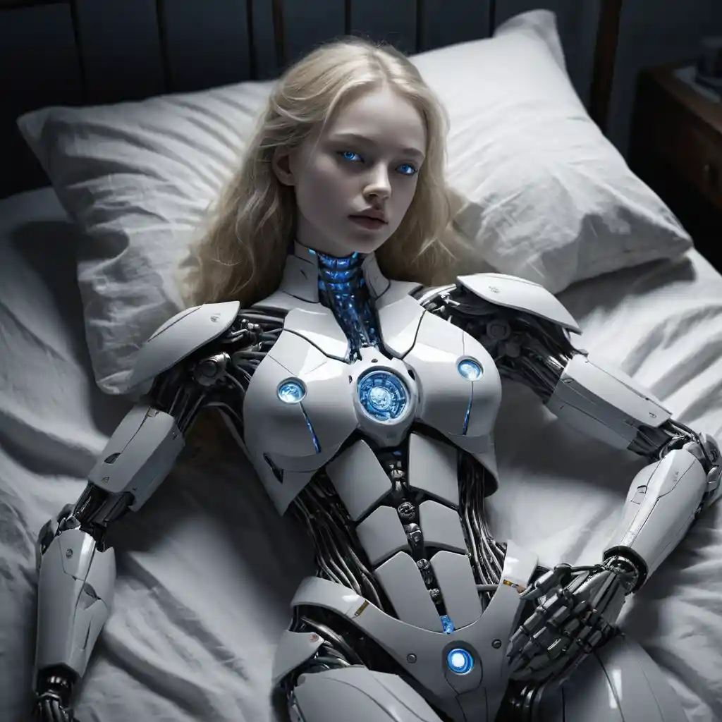 Female android resting on a transparent bed in darkness