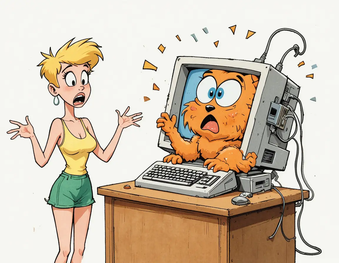 Garota surpresa e criatura em pânico em um computador vintage