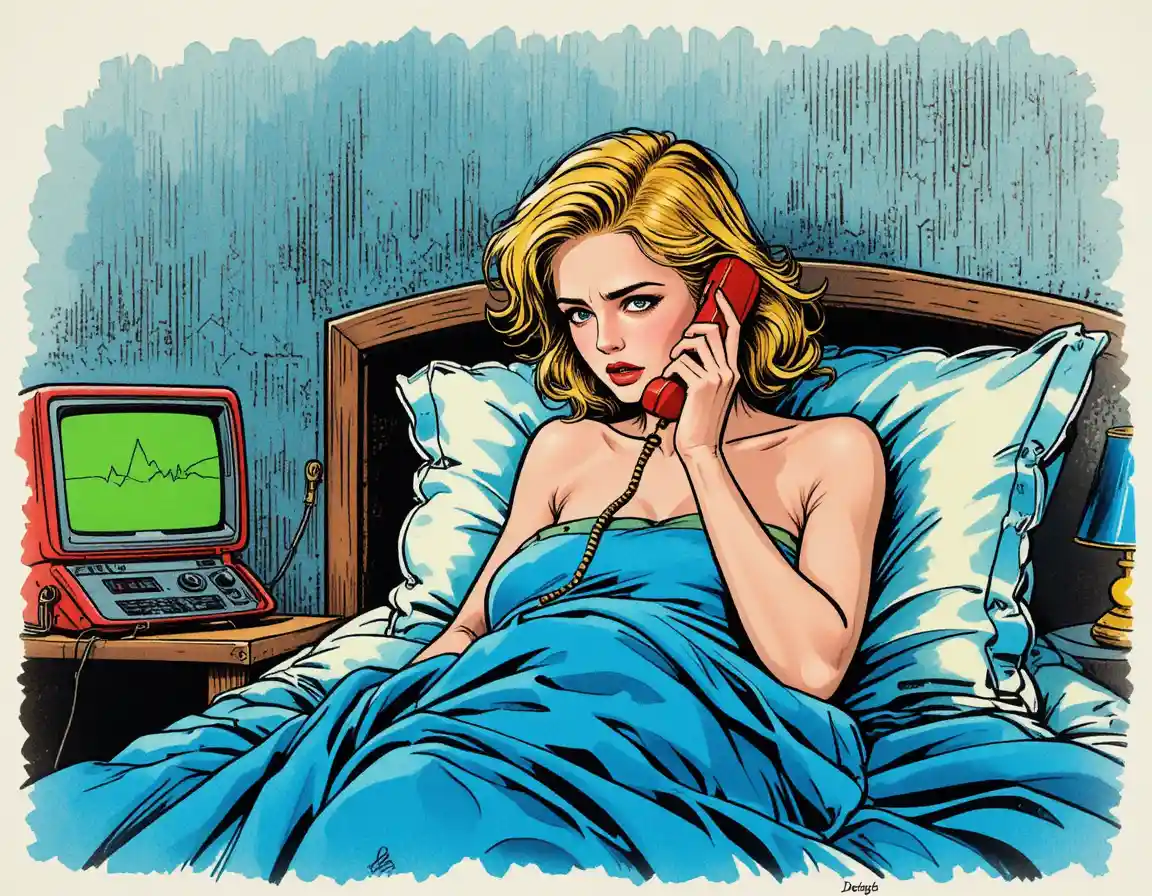 Anxious young woman on the phone in a comic style bedroom