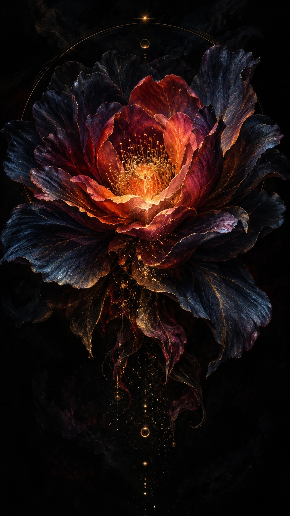 Fleur Nocturne Surréaliste au Cœur de Braise Lumineux