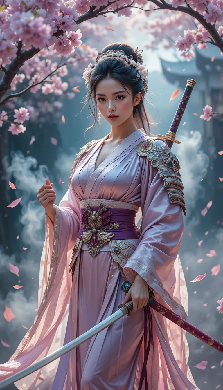 Elegante samurai asiatica in un’eterea armatura fantasy
