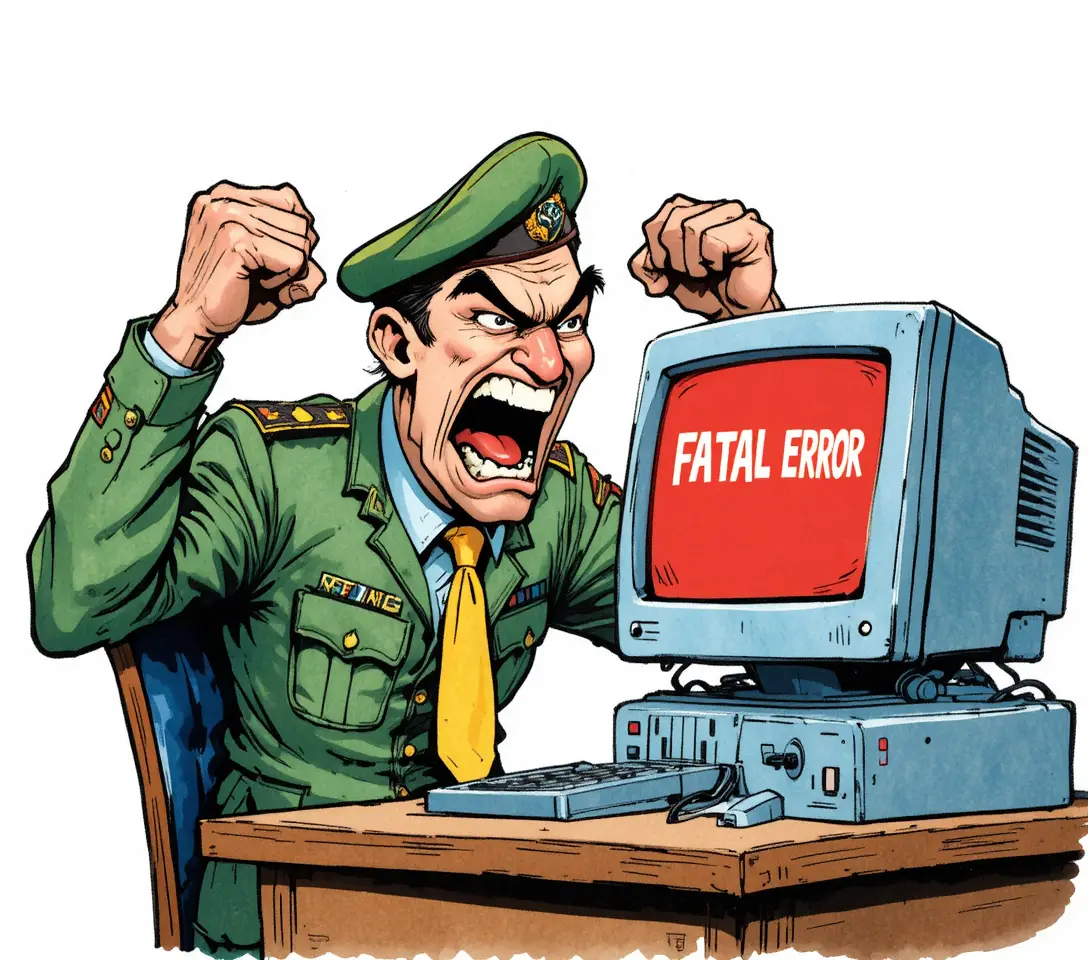 Oficial militar irritado gritando com erro em computador retrô