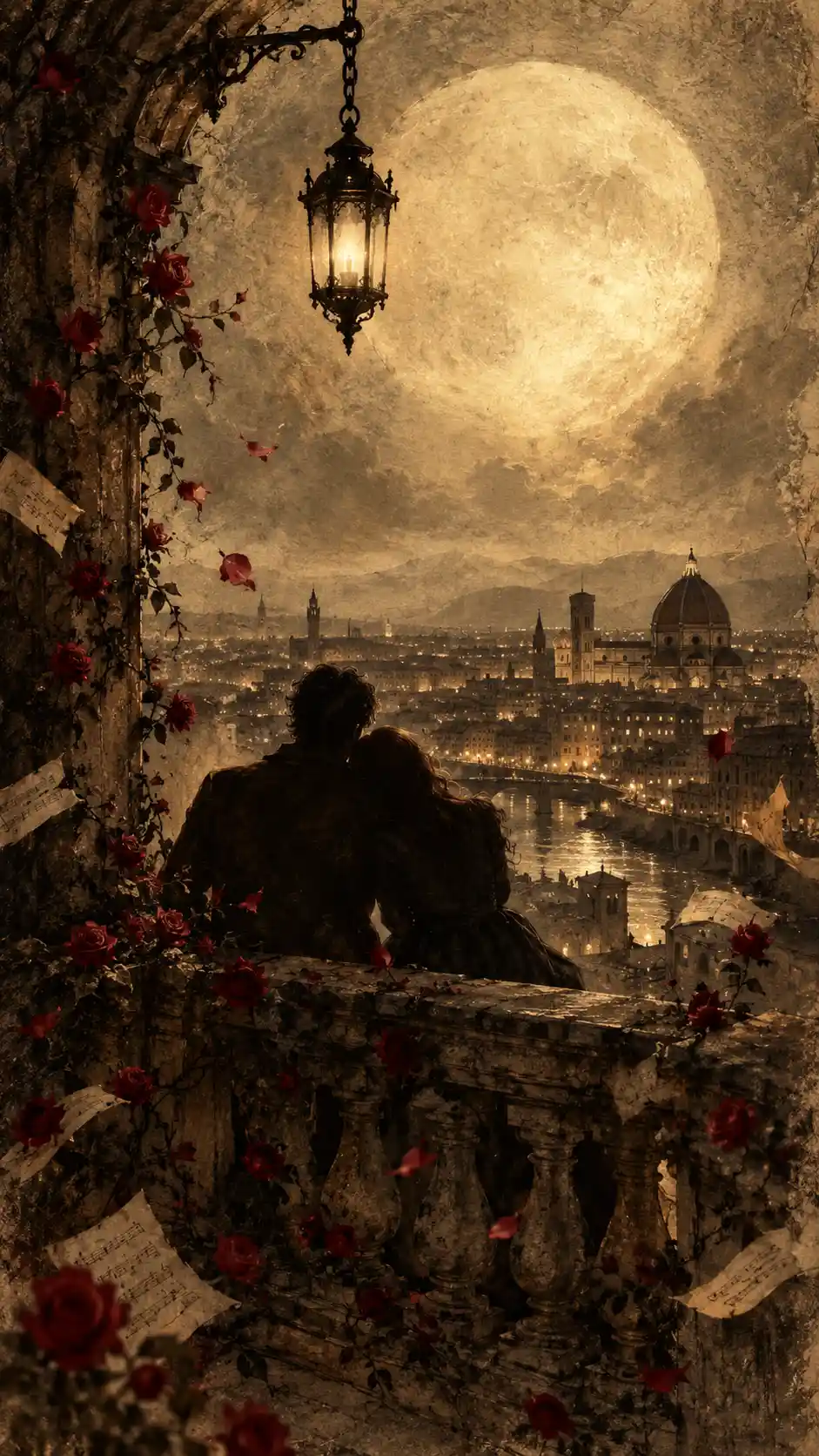 Romantic couple silhouetted on balcony above moonlit historic city