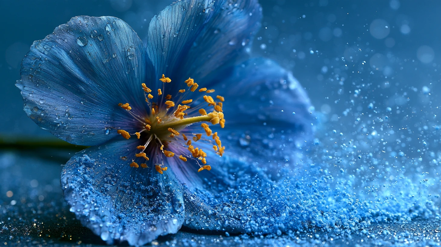 Flor azul con pétalos amarillos y polvo azul místico