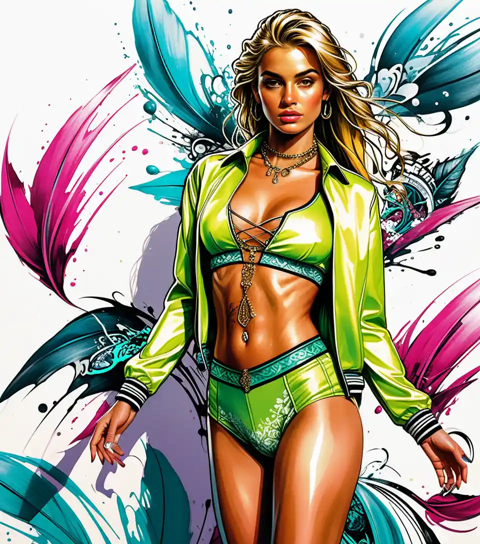 Blonde fashion model in aqua Y2K two piece outfit