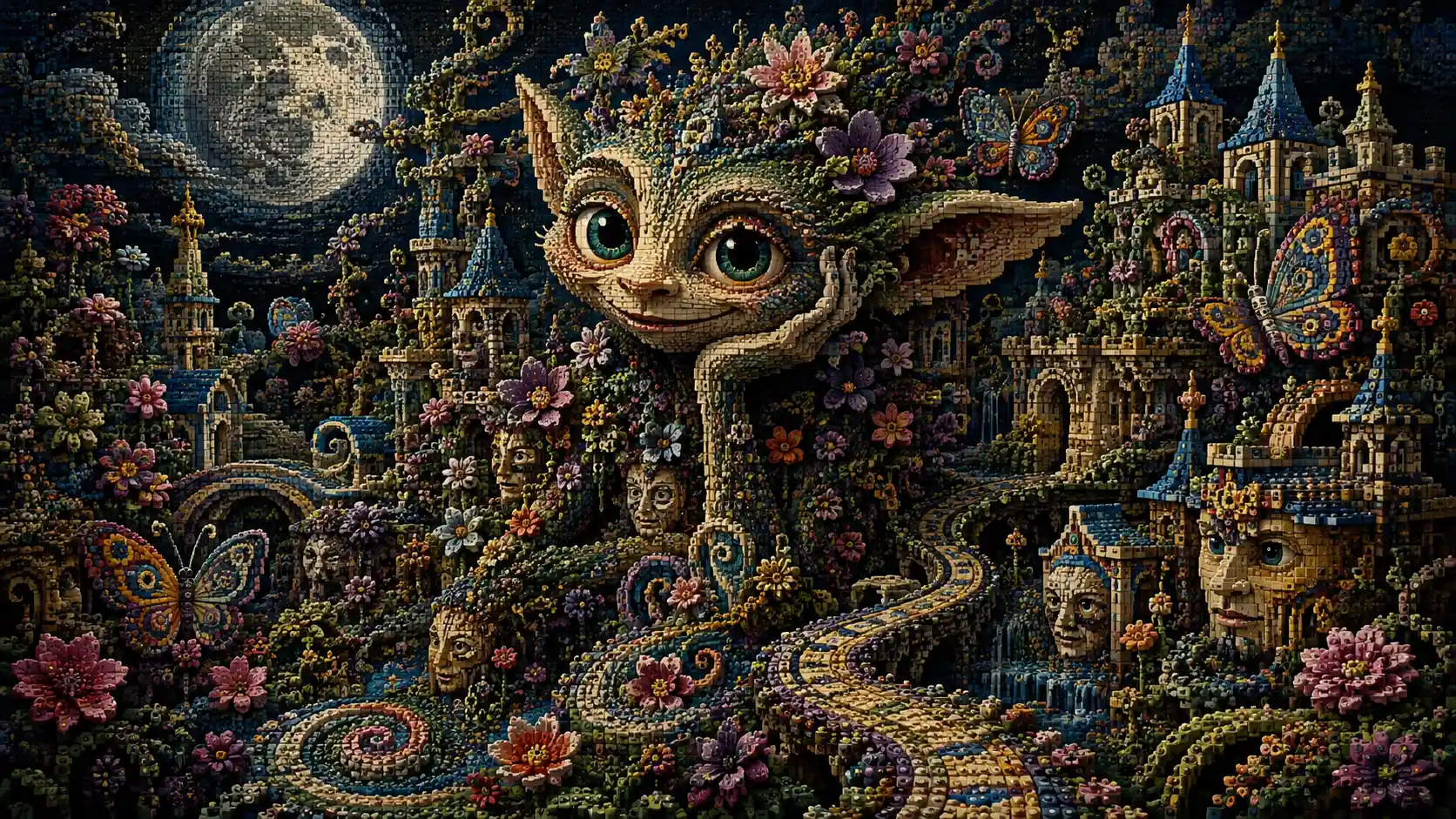 Jardim surreal de tijolos com criatura fantástica astuta e flores