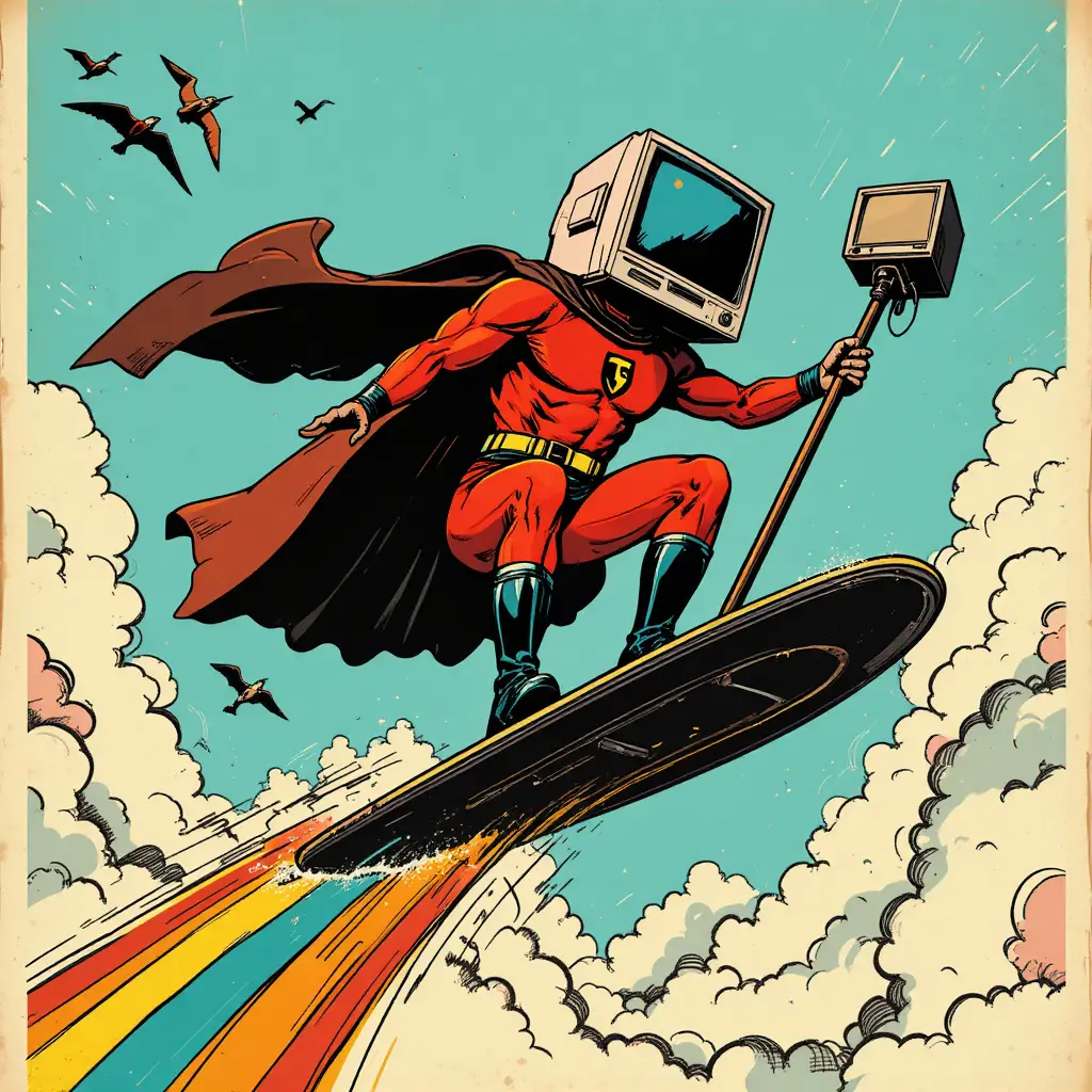 Retro comic superhero with monitor head soaring through sky