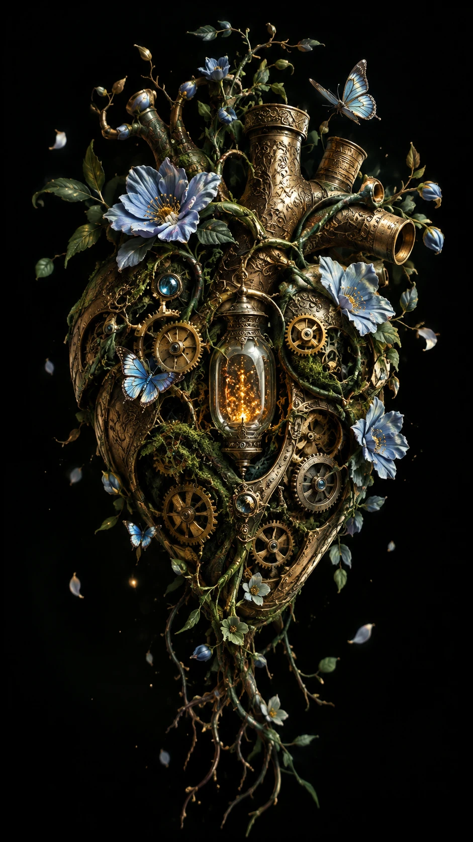 Enchanted mechanical heart entwined with flowers and butterflies