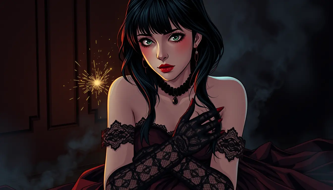 Gothic woman in floor length dress facing dark transformation
