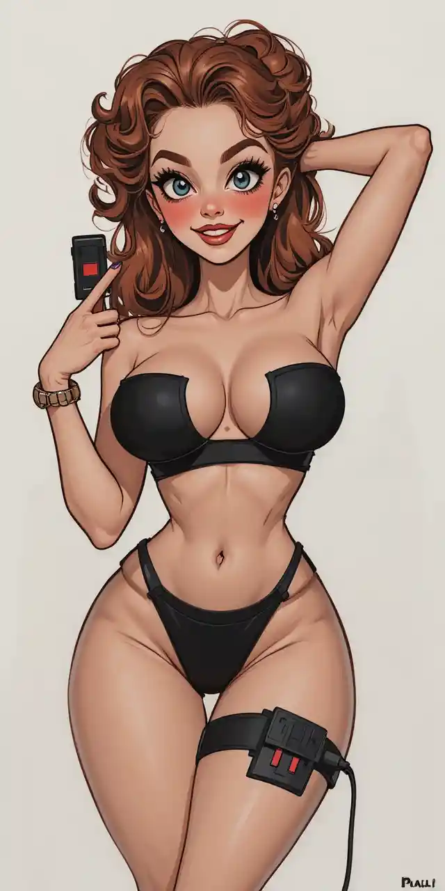 Mujer juguetona de estilo pin up con cabello rizado y cable