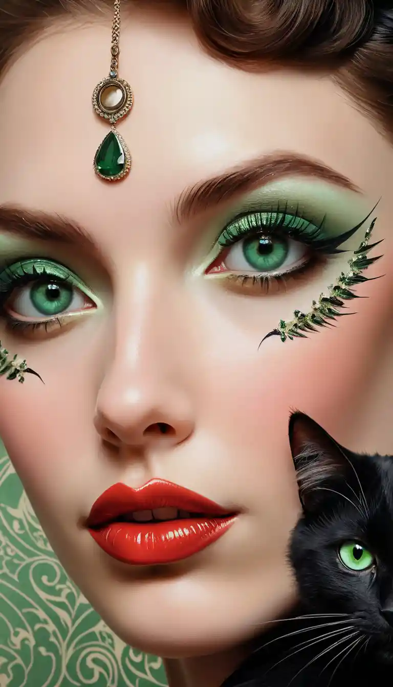Mujer glamurosa y gato negro en retrato vintage en primer plano