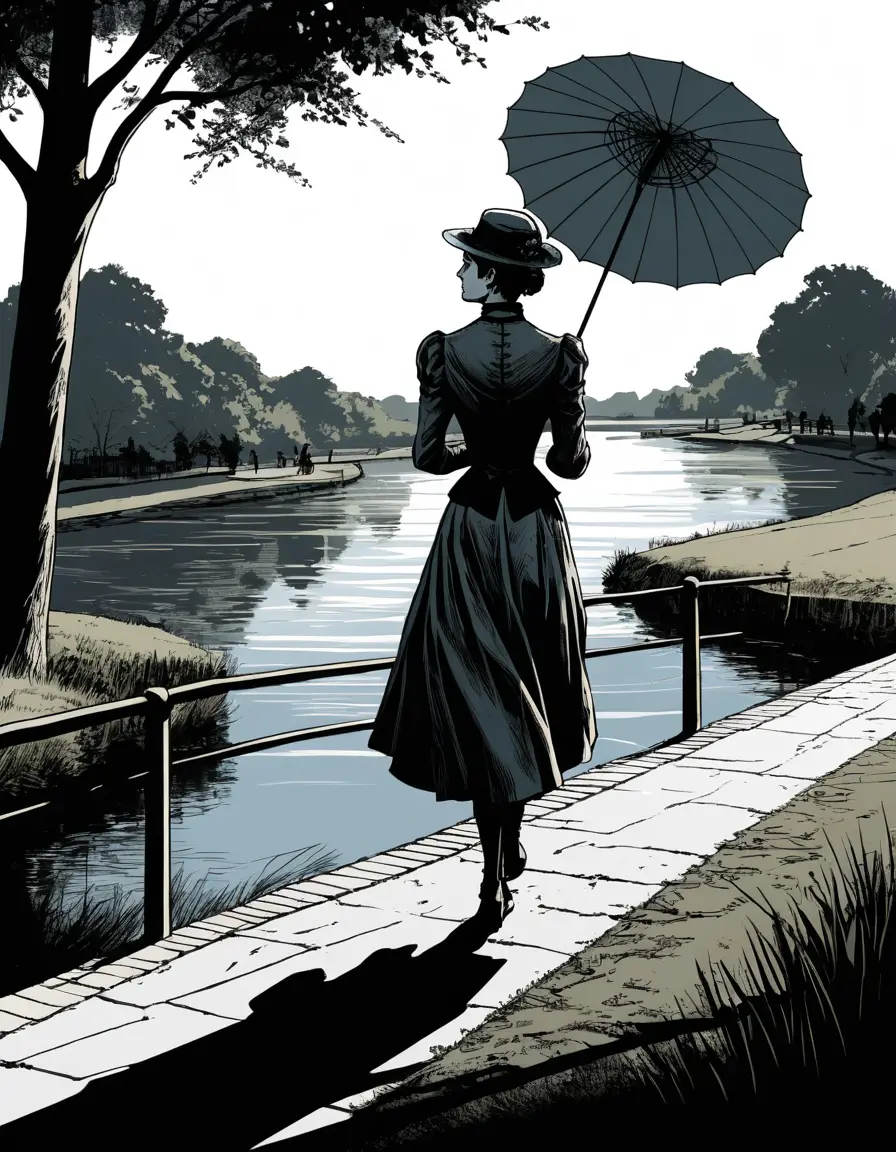 Mujer victoriana caminando por un parque junto al río con sombrilla