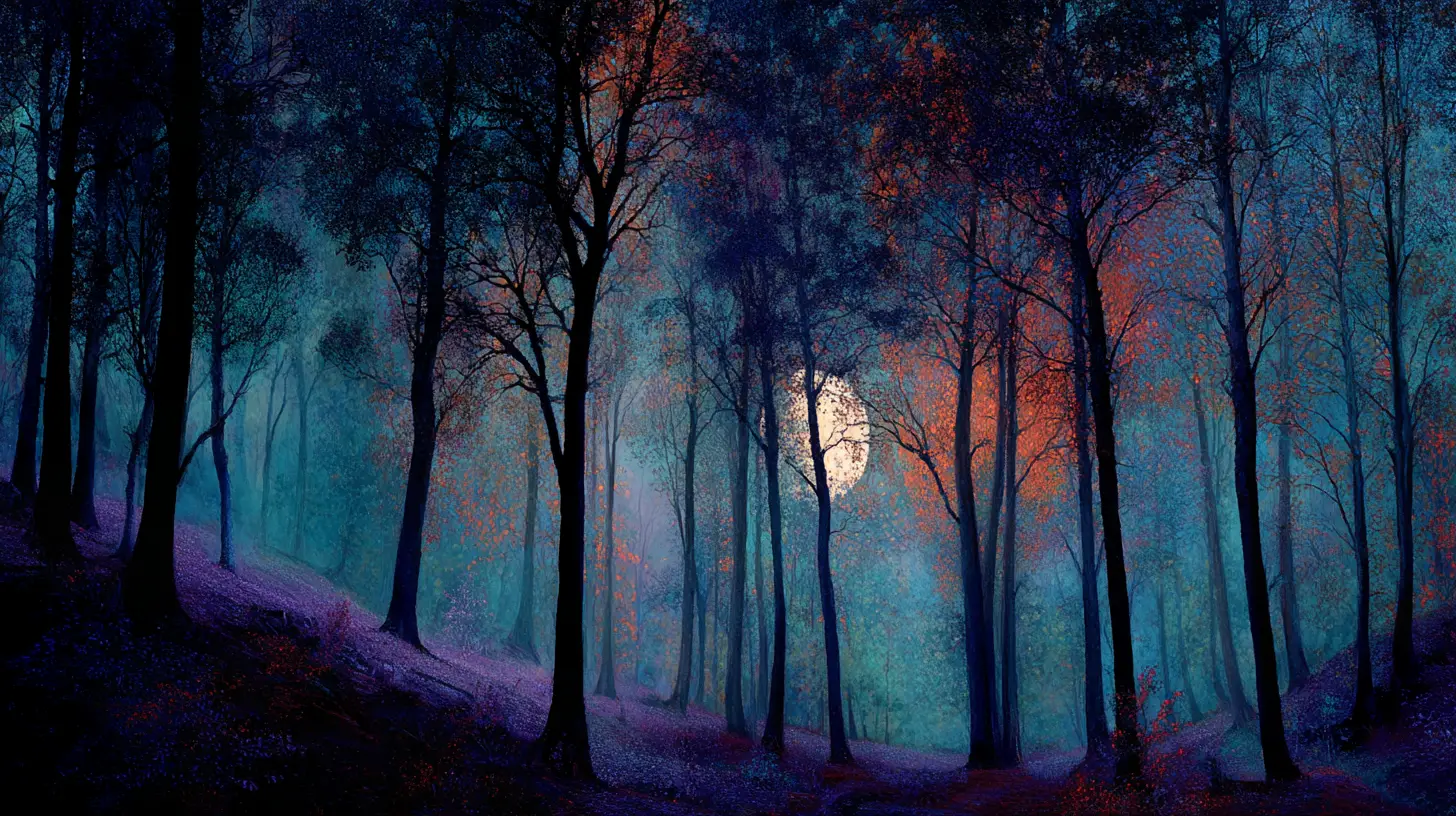 Foresta fantastica onirica avvolta da una soffice foschia spettrale