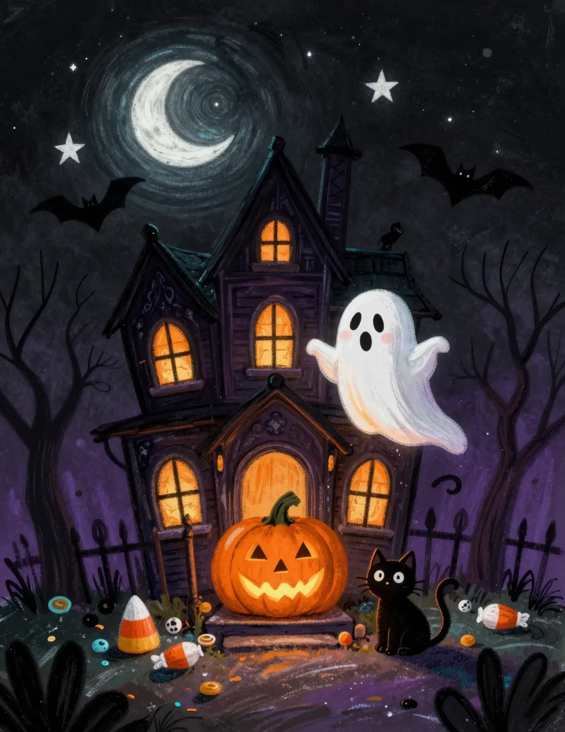 Fantasma juguetón y gato negro junto a una calabaza iluminada