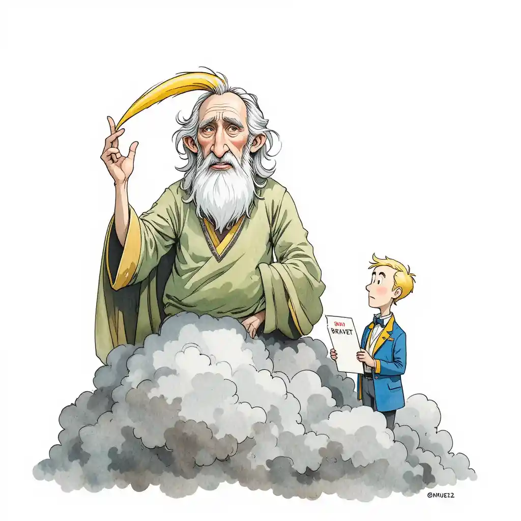 Anciano caricaturesco en una nube sobre un empresario preocupado
