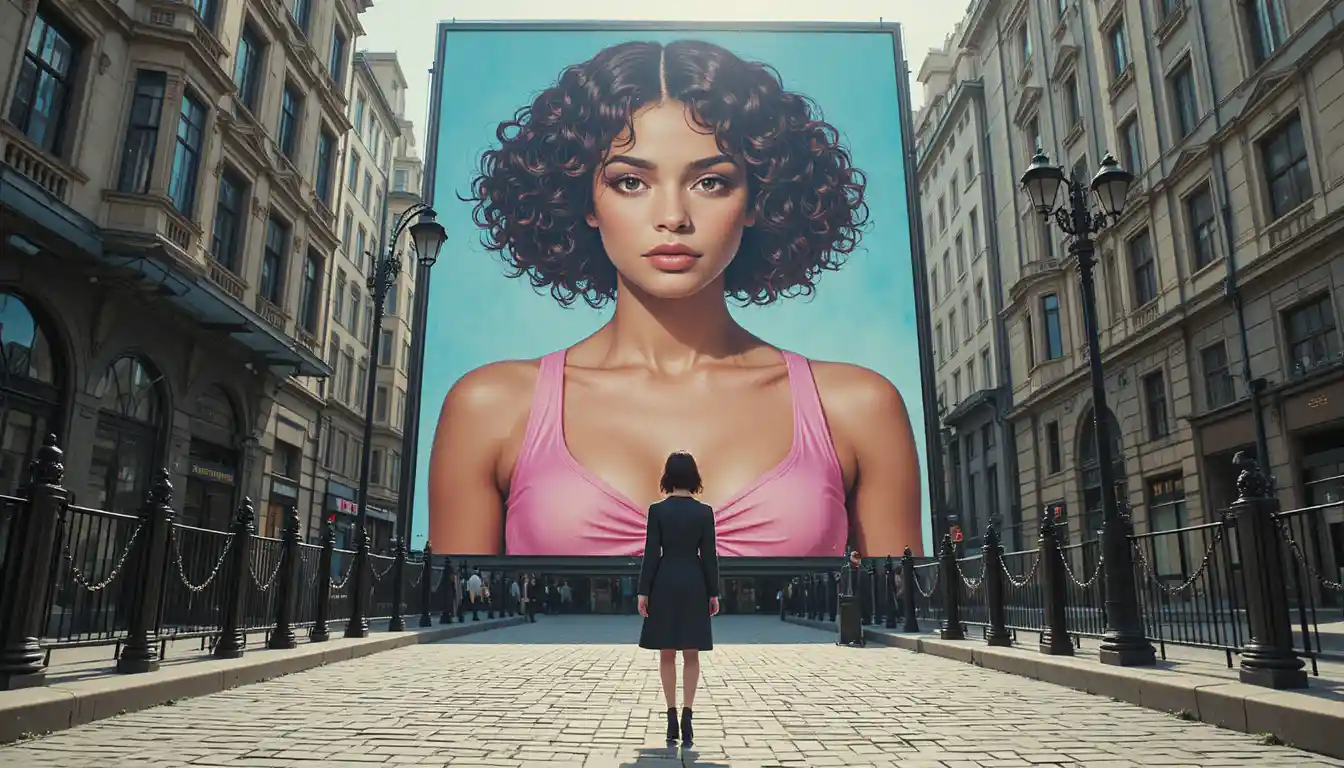 Giant cinematic woman billboard over a lone city street viewer