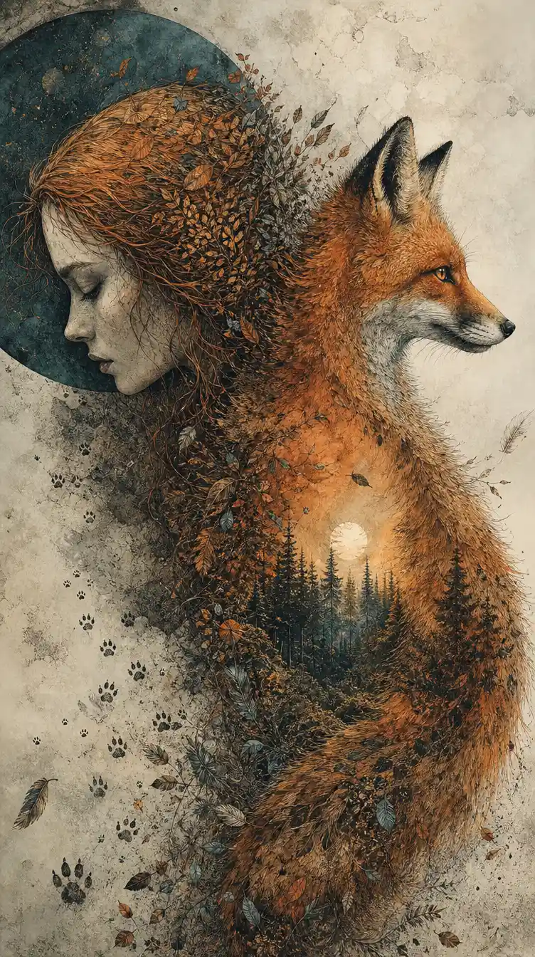 Woman profile transforming into a fox through textured symbolism