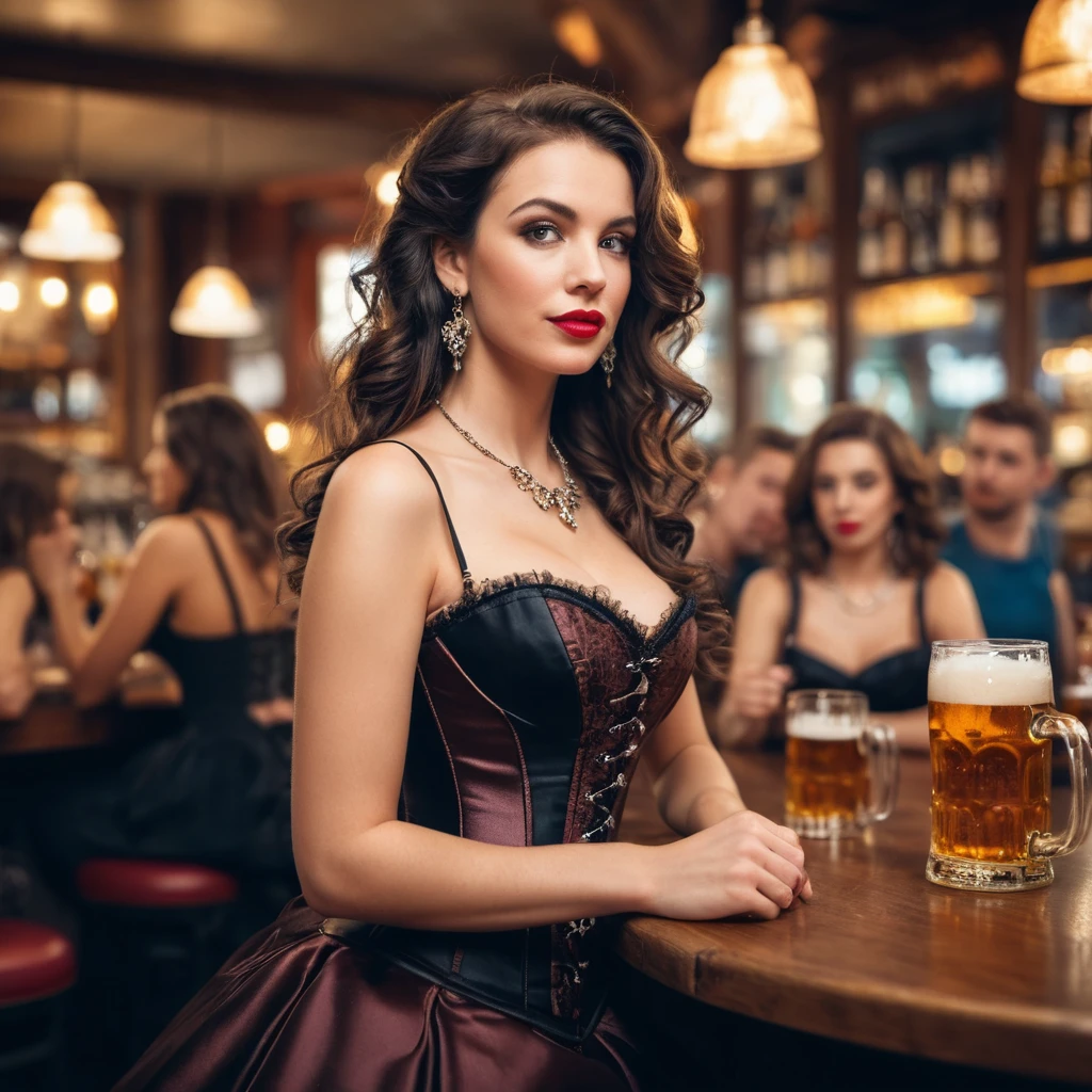 Elegant woman in corset dress drinking beer at a bar