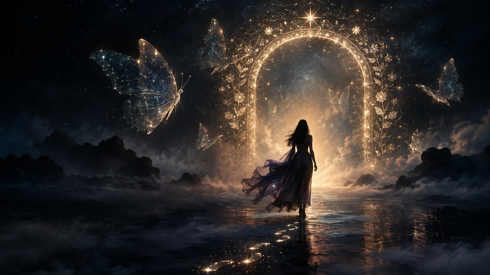 Donna in controluce che cammina verso un arco celestiale luminoso